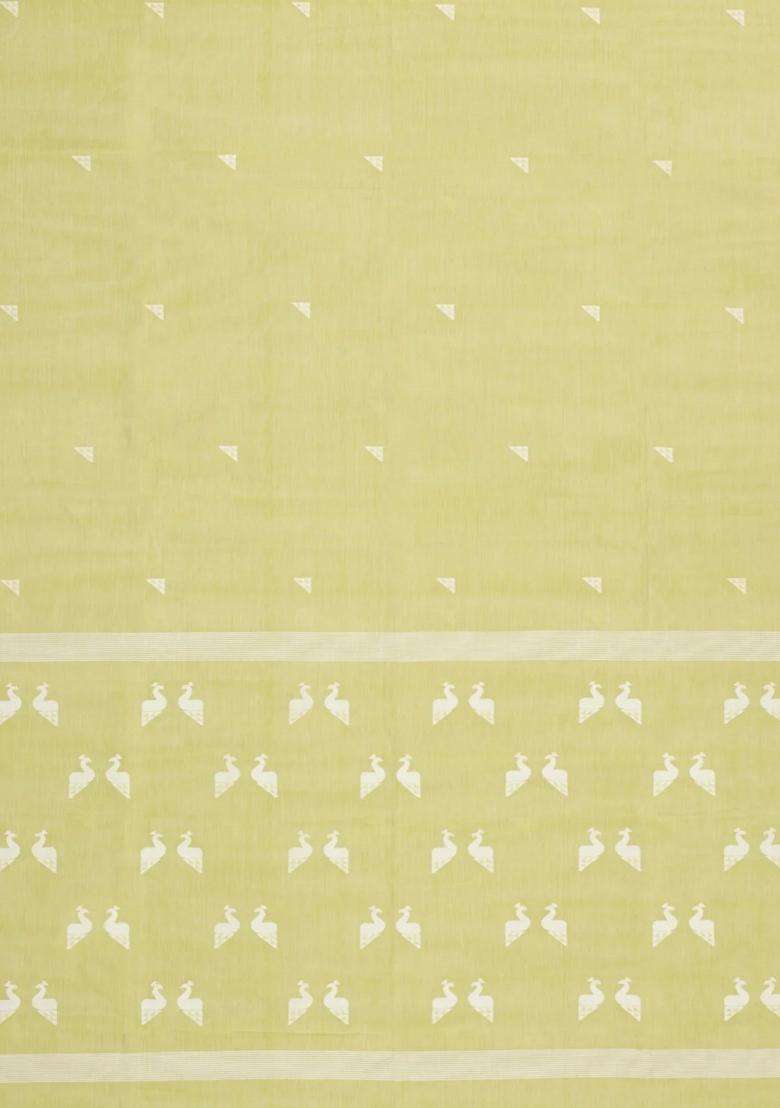Lime Green Handloom Bengal Cotton Saree With Triangle Motifs With Buttas And Brocade Design For Women - Indya