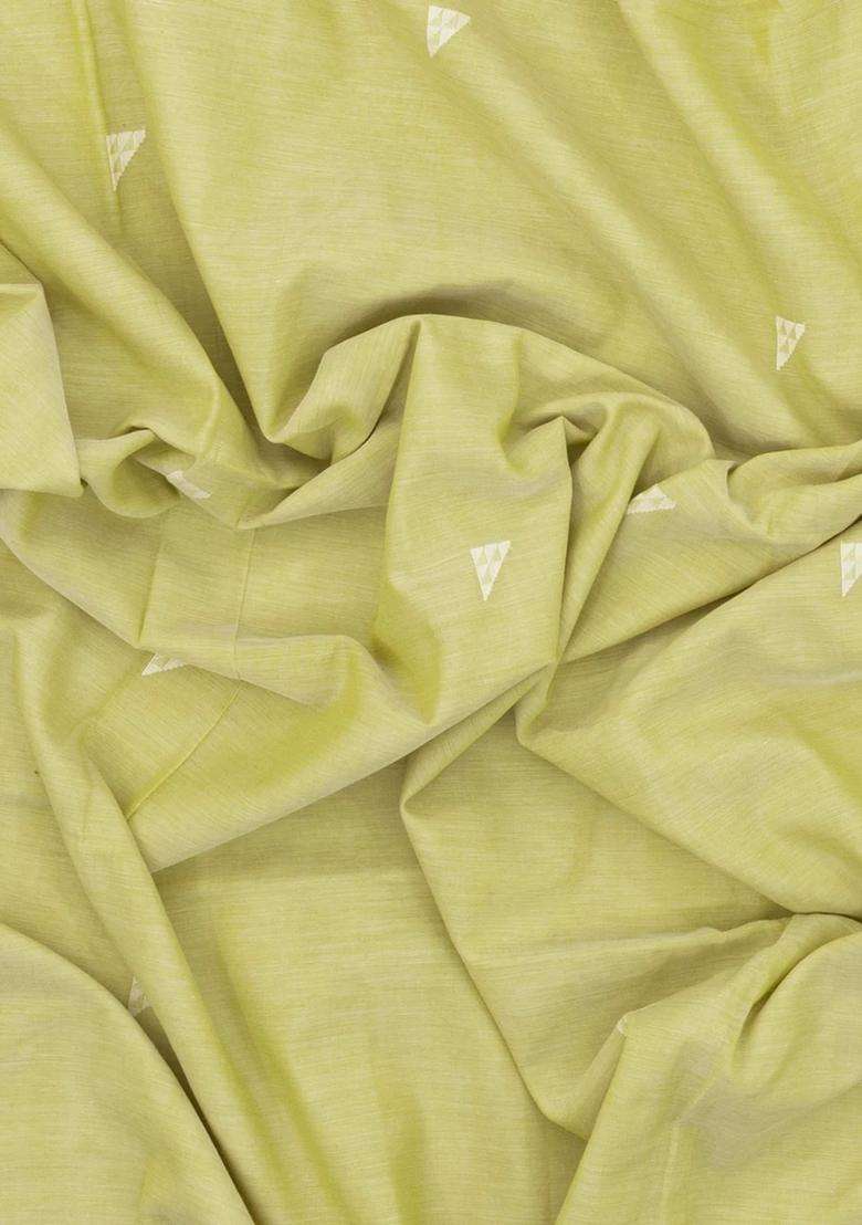 Lime Green Handloom Bengal Cotton Saree With Triangle Motifs With Buttas And Brocade Design For Women - Indya