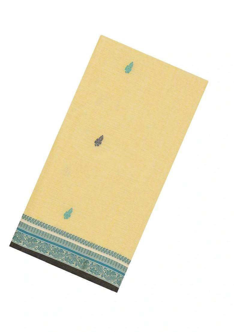 Yellow Handloom Bengal Cotton Saree With Floral Buttas With Buttas And Brocade Design For Women - Indya
