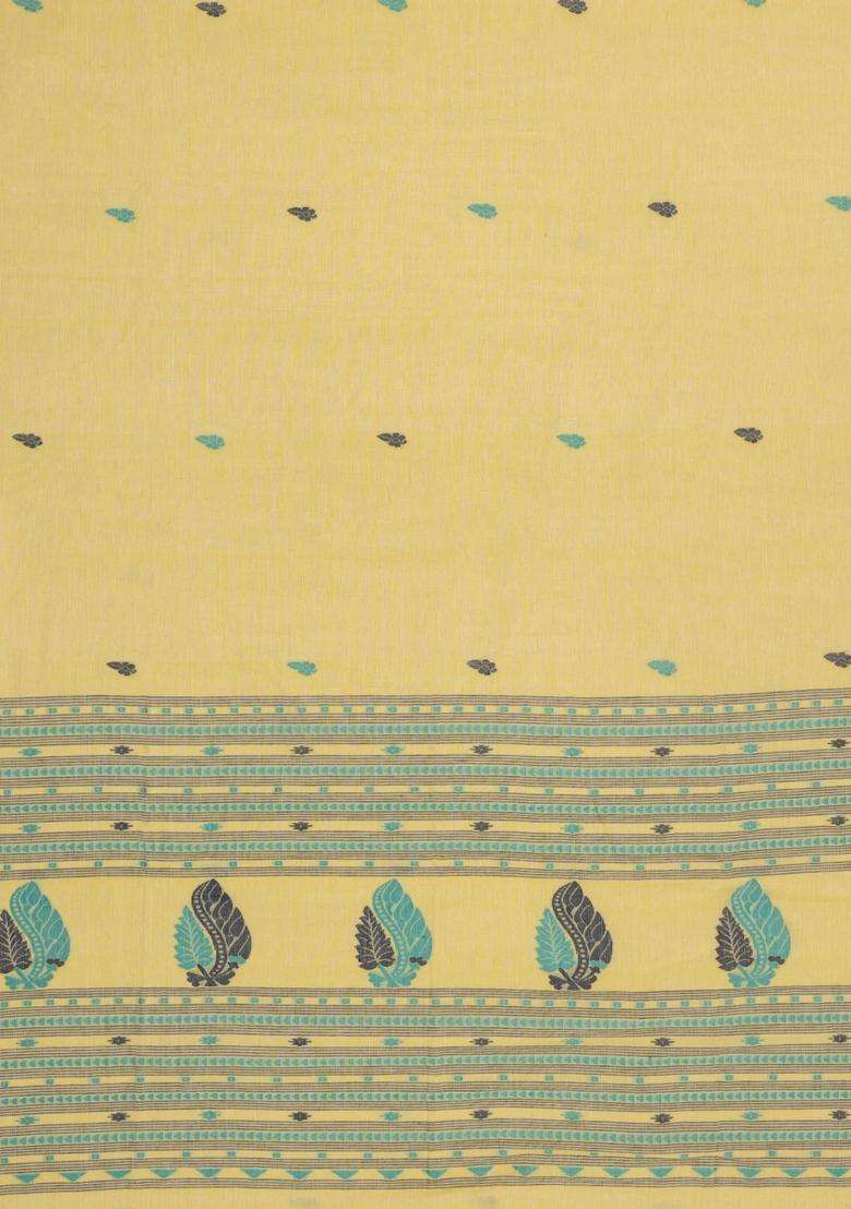 Yellow Handloom Bengal Cotton Saree With Floral Buttas With Buttas And Brocade Design For Women - Indya