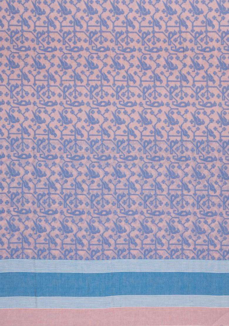 Light Peach Handloom Bengal Cotton Saree With Bird Motifs With Buttas And Brocade Design For Women - Indya
