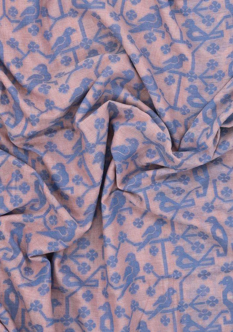 Light Peach Handloom Bengal Cotton Saree With Bird Motifs With Buttas And Brocade Design For Women - Indya