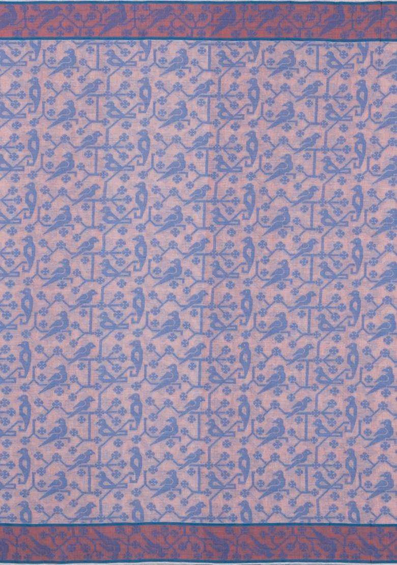 Light Peach Handloom Bengal Cotton Saree With Bird Motifs With Buttas And Brocade Design For Women - Indya