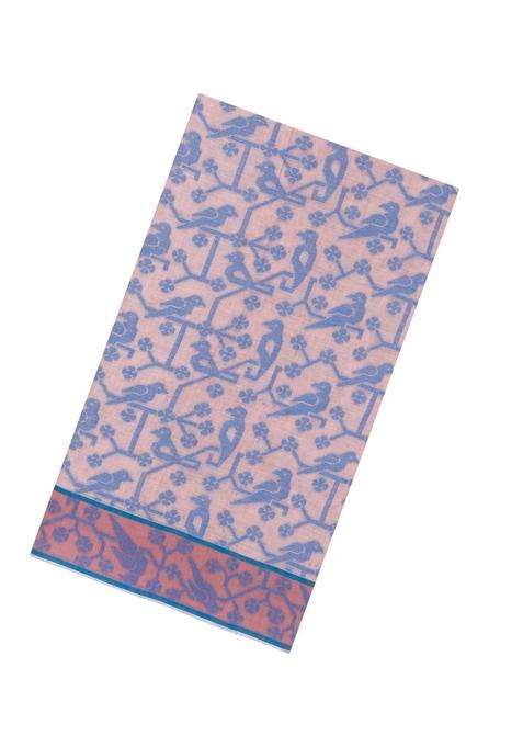 Light Peach Handloom Bengal Cotton Saree With Bird Motifs With Buttas And Brocade Design For Women