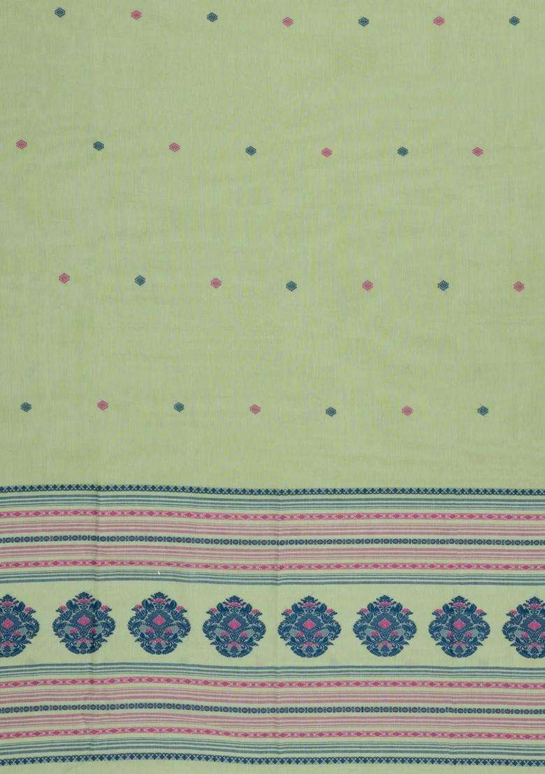 Mint Green Handloom Bengal Cotton Saree With Floral Motifs With Buttas And Brocade Design For Women - Indya