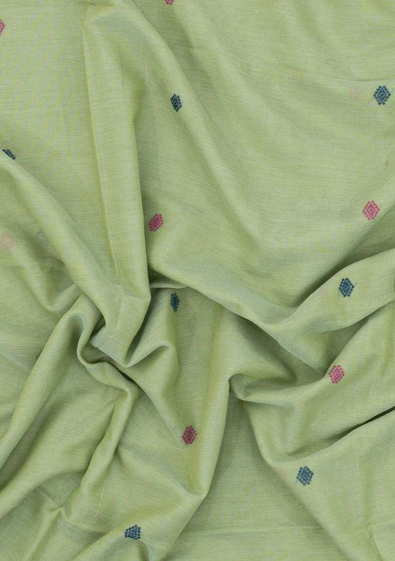 Mint Green Handloom Bengal Cotton Saree With Floral Motifs With Buttas And Brocade Design For Women - Indya