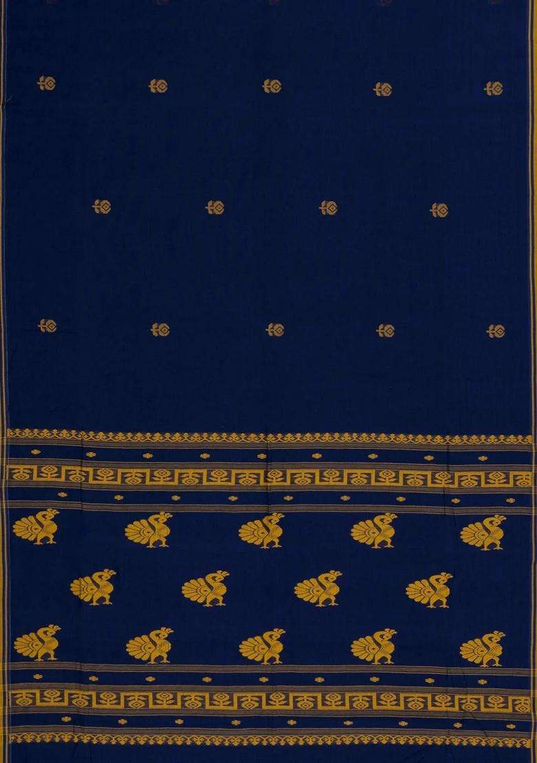 Dark Blue Handloom Bengal Cotton Saree With Floral Buttas With Buttas And Brocade Design For Women - Indya