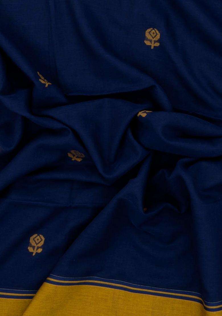 Dark Blue Handloom Bengal Cotton Saree With Floral Buttas With Buttas And Brocade Design For Women - Indya