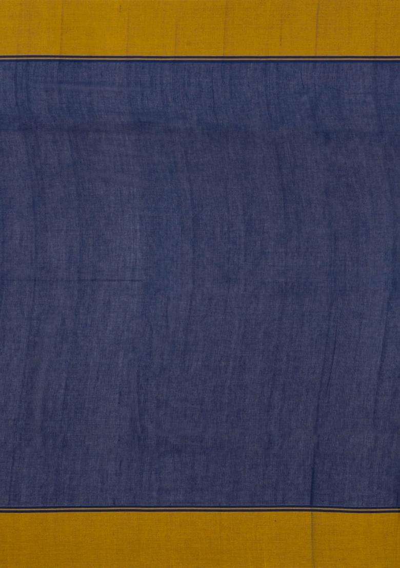 Dark Blue Handloom Bengal Cotton Saree With Floral Buttas With Buttas And Brocade Design For Women - Indya