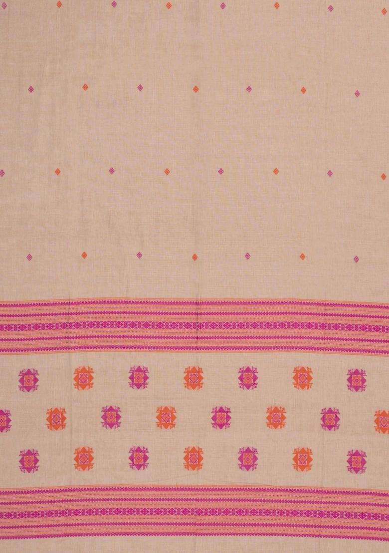 Taupe Handloom Bengal Cotton Saree With Floral Motifs With Buttas And Brocade Design For Women - Indya