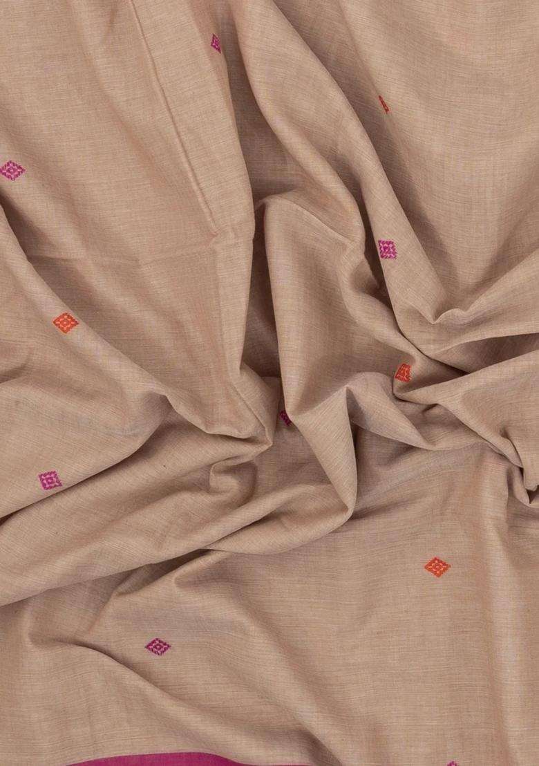 Taupe Handloom Bengal Cotton Saree With Floral Motifs With Buttas And Brocade Design For Women - Indya