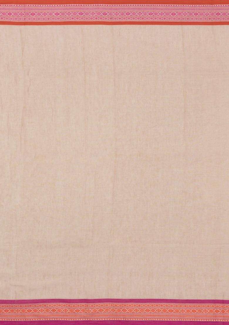 Taupe Handloom Bengal Cotton Saree With Floral Motifs With Buttas And Brocade Design For Women - Indya