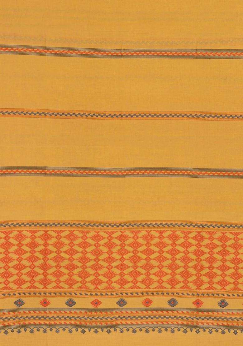 Yellow Handloom Bengal Cotton Saree With Stripes With Checks And Stripes Design For Women - Indya