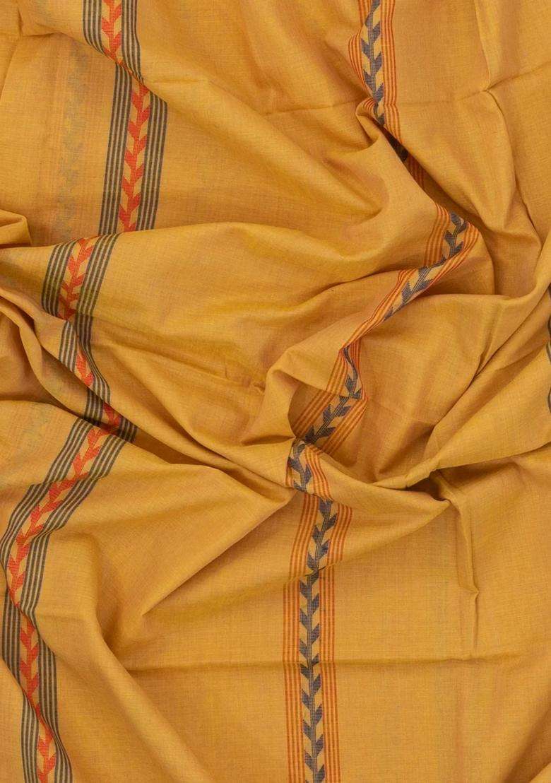 Yellow Handloom Bengal Cotton Saree With Stripes With Checks And Stripes Design For Women - Indya