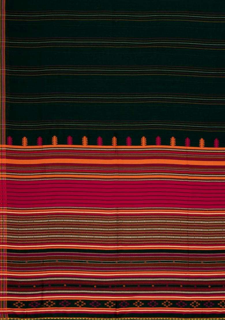 Bottle Green Handloom Bengal Cotton Saree With Stripes With Checks And Stripes Design For Women - Indya
