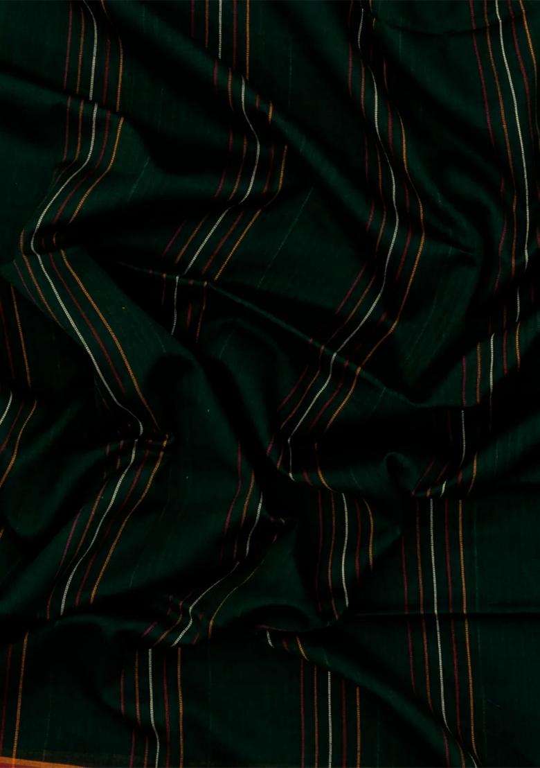 Bottle Green Handloom Bengal Cotton Saree With Stripes With Checks And Stripes Design For Women - Indya