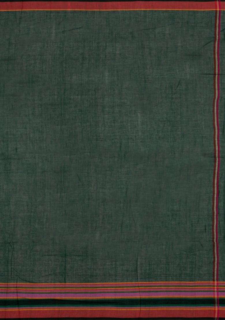 Bottle Green Handloom Bengal Cotton Saree With Stripes With Checks And Stripes Design For Women - Indya