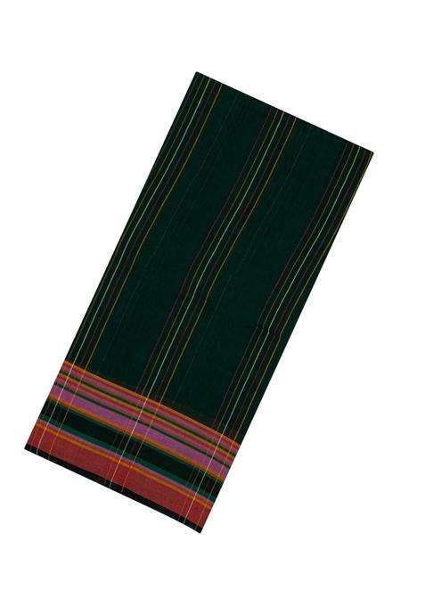 Bottle Green Handloom Bengal Cotton Saree With Stripes With Checks And Stripes Design For Women