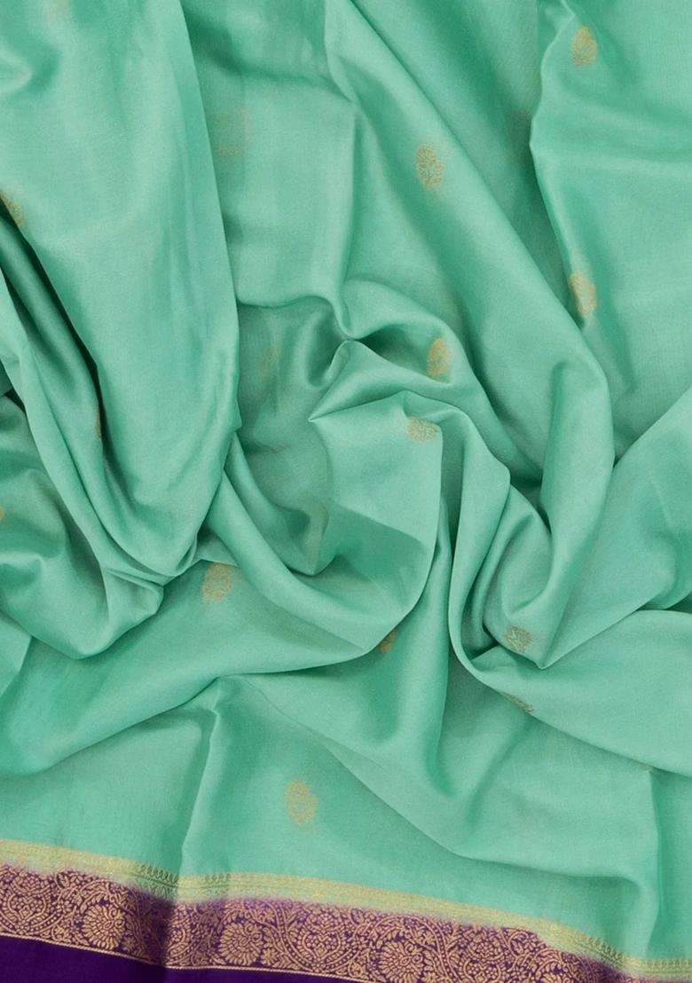 Aquamarine Woven Art Crepe Saree With Buttas Contrast Border With Buttas And Brocade Design For Women - Indya