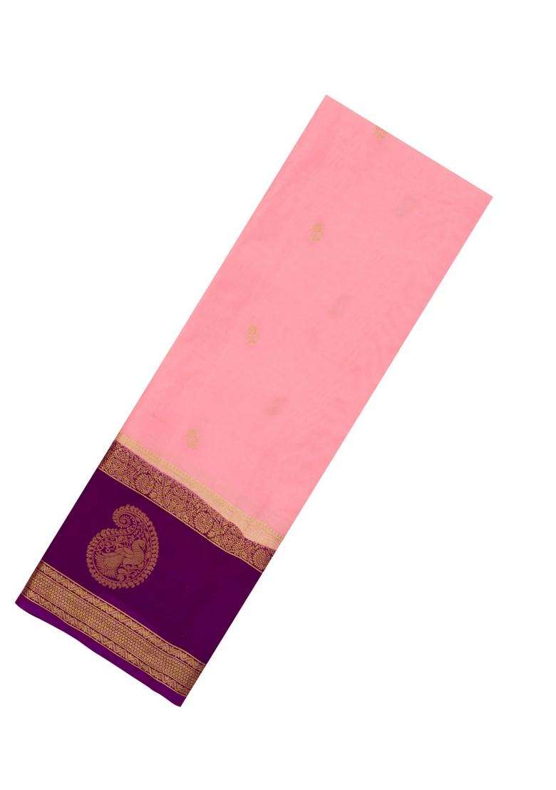 Light Peach Woven Art Crepe Saree With Buttas Contrast Border With Buttas And Brocade Design For Women - Indya