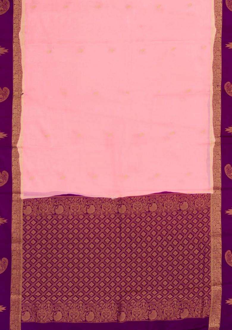 Light Peach Woven Art Crepe Saree With Buttas Contrast Border With Buttas And Brocade Design For Women - Indya