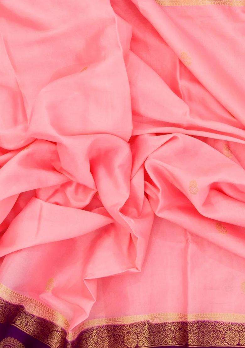 Light Peach Woven Art Crepe Saree With Buttas Contrast Border With Buttas And Brocade Design For Women - Indya