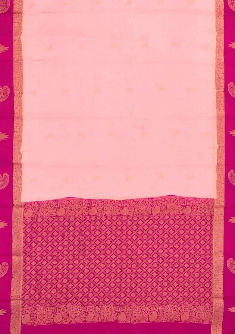 Baby Pink Woven Art Crepe Saree With Buttas Contrast Border With Buttas And Brocade Design For Women - Indya