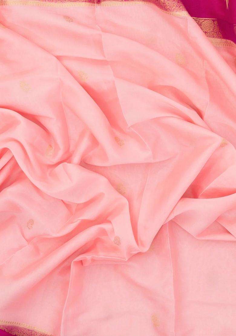 Baby Pink Woven Art Crepe Saree With Buttas Contrast Border With Buttas And Brocade Design For Women - Indya
