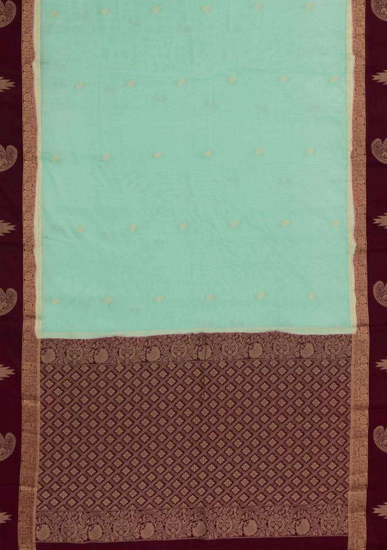 Aquamarine Woven Art Crepe Saree With Buttas Contrast Border With Buttas And Brocade Design For Women - Indya