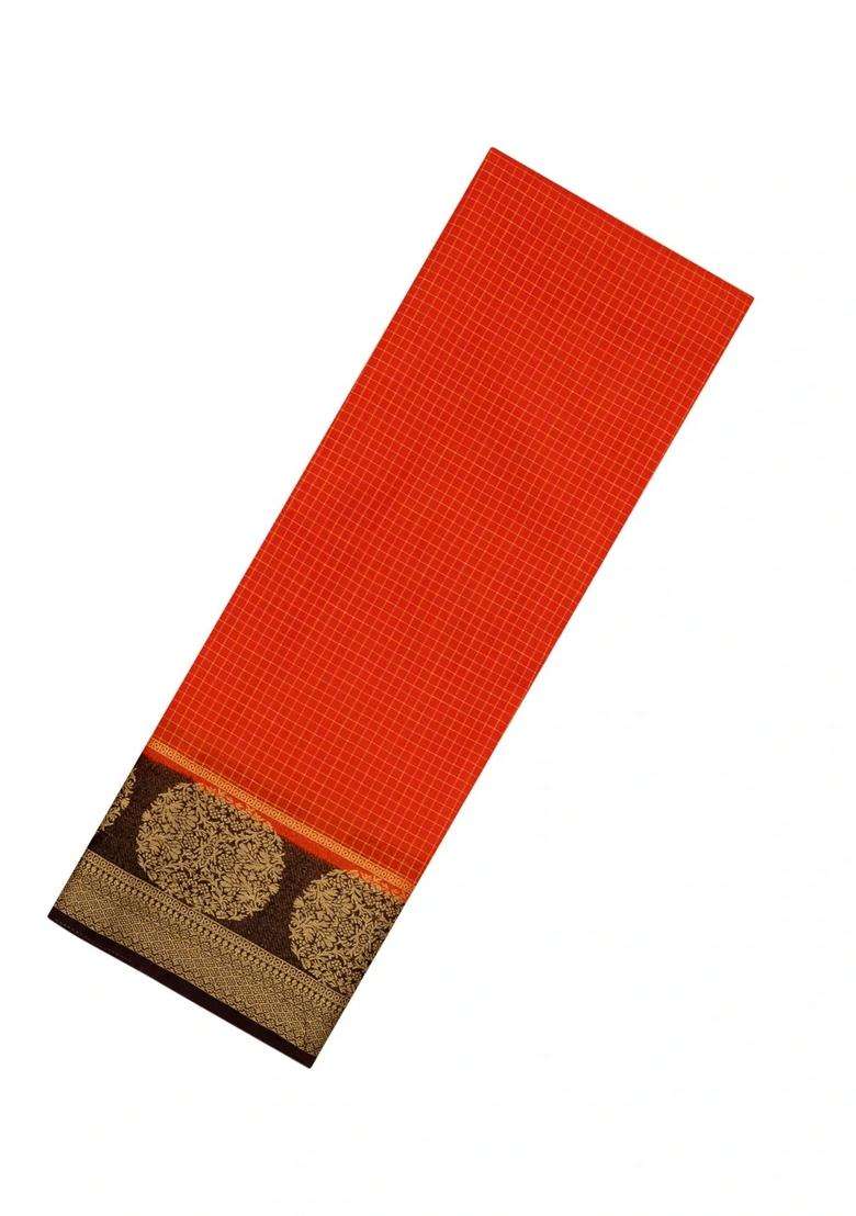 Red Woven Art Crepe Saree With Zari Checks Contrast Border With Checks And Stripes Design For Women - Indya