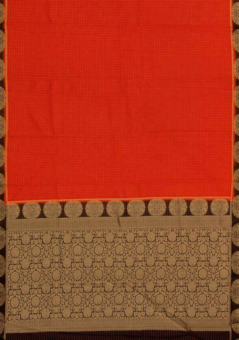 Red Woven Art Crepe Saree With Zari Checks Contrast Border With Checks And Stripes Design For Women - Indya