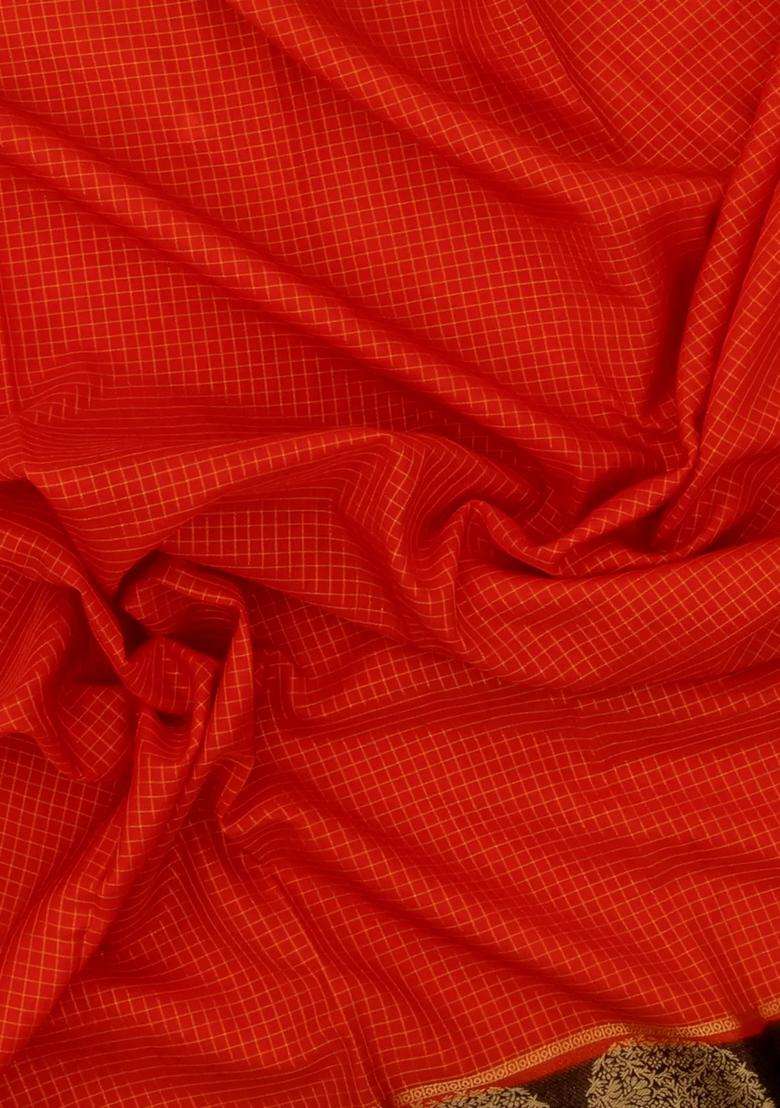 Red Woven Art Crepe Saree With Zari Checks Contrast Border With Checks And Stripes Design For Women - Indya