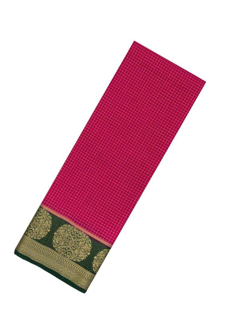 Hot Pink Woven Art Crepe Saree With Zari Checks Contrast Border With Checks And Stripes Design For Women - Indya