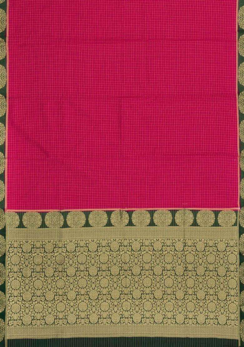 Hot Pink Woven Art Crepe Saree With Zari Checks Contrast Border With Checks And Stripes Design For Women - Indya