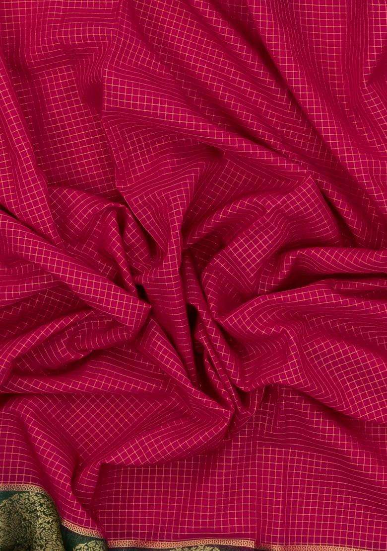Hot Pink Woven Art Crepe Saree With Zari Checks Contrast Border With Checks And Stripes Design For Women - Indya