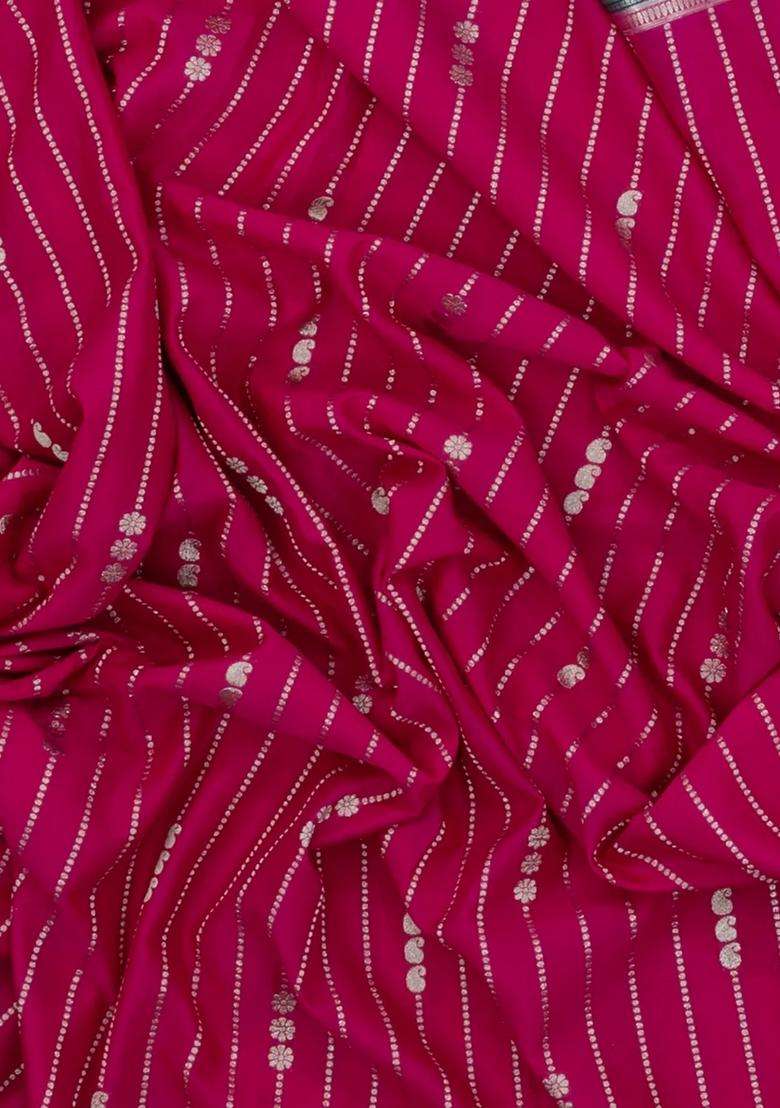 Magenta Woven Art Crepe Saree With Zari Stripes Contrast Border With Checks And Stripes Design For Women - Indya