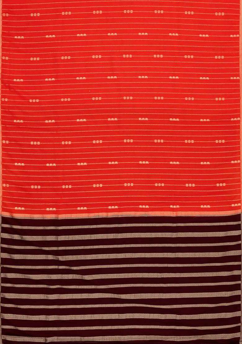 Red Woven Art Crepe Saree With Zari Stripes Contrast Border With Checks And Stripes Design For Women - Indya