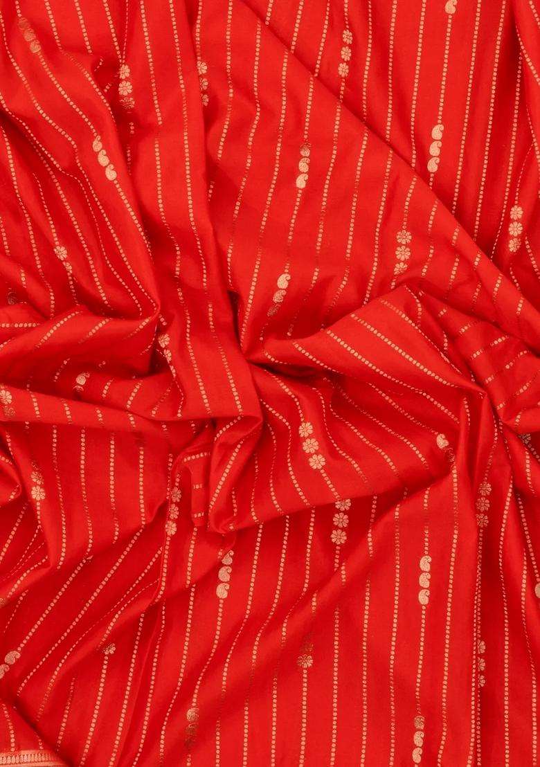 Red Woven Art Crepe Saree With Zari Stripes Contrast Border With Checks And Stripes Design For Women - Indya