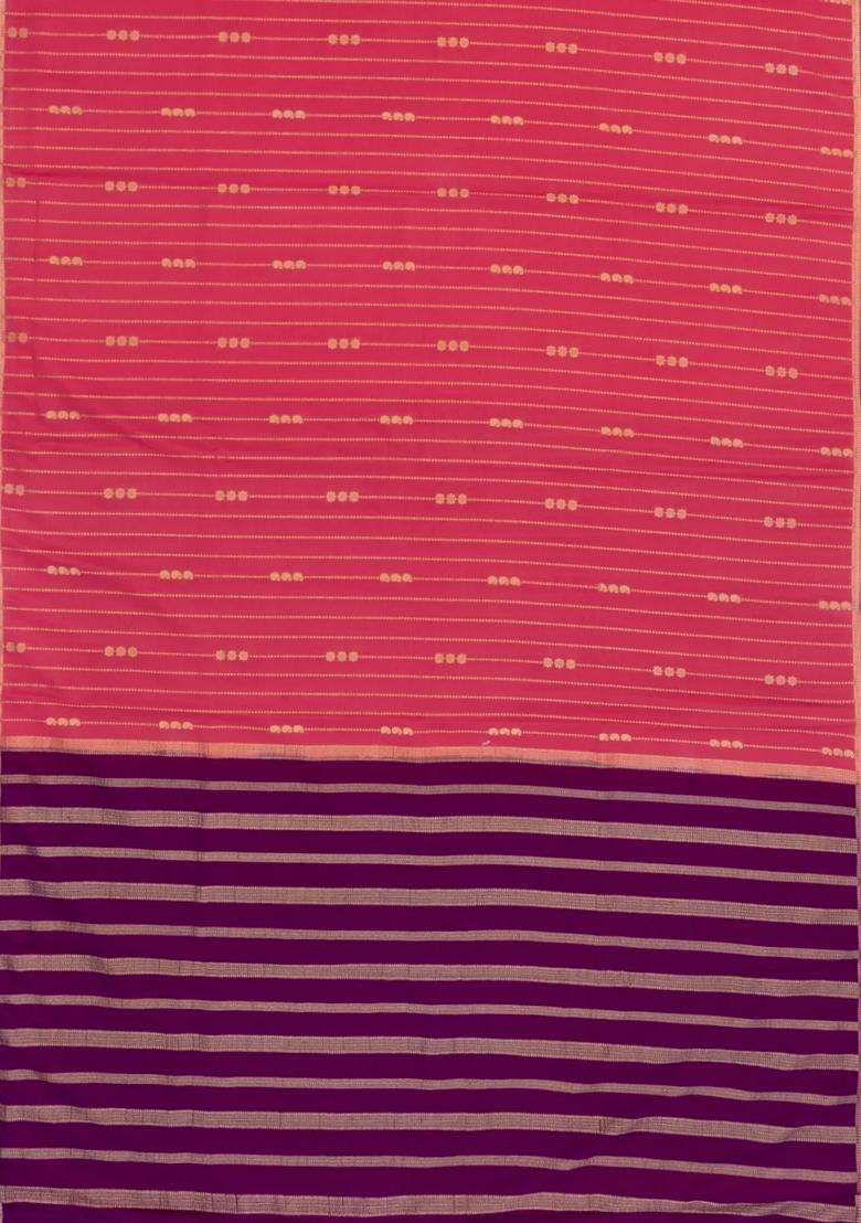 Peach Woven Art Crepe Saree With Zari Stripes Contrast Border With Checks And Stripes Design For Women - Indya