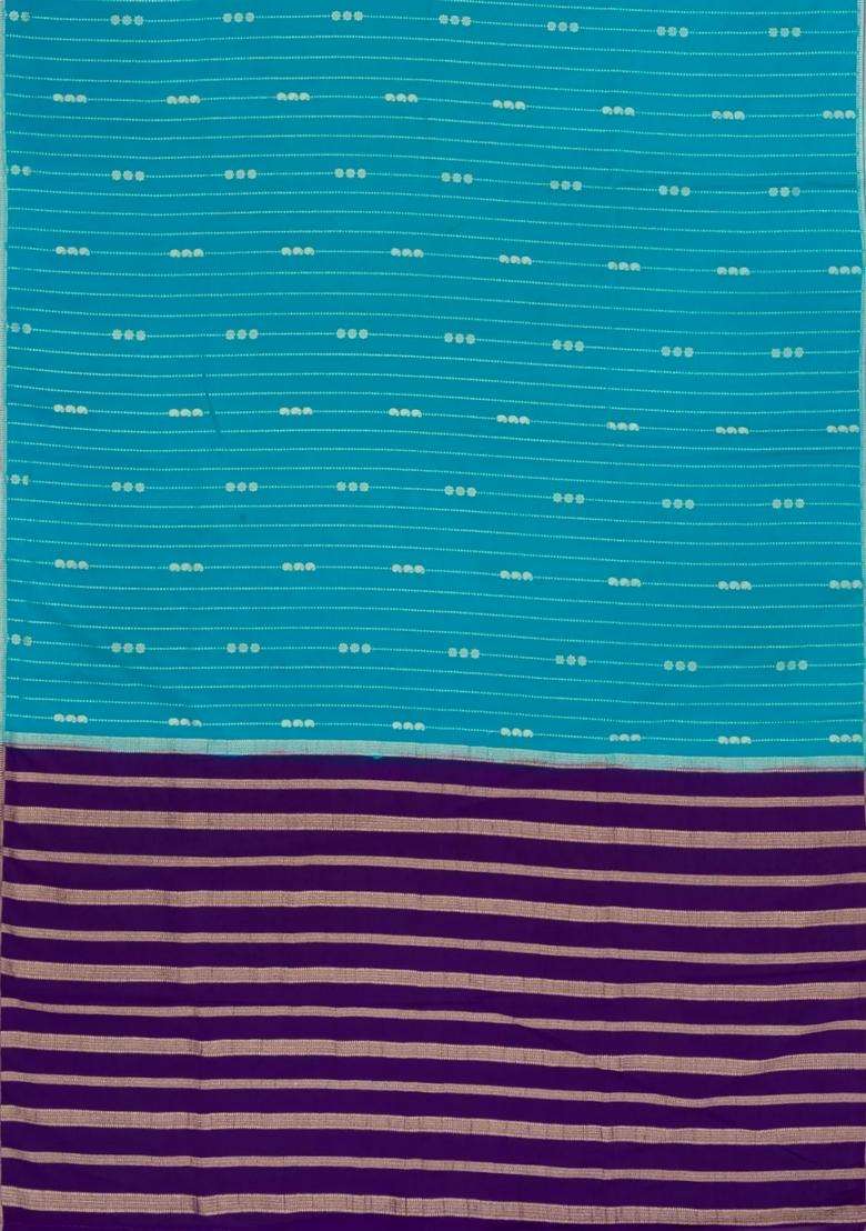 Cyan Woven Art Crepe Saree With Zari Stripes Contrast Border With Checks And Stripes Design For Women - Indya