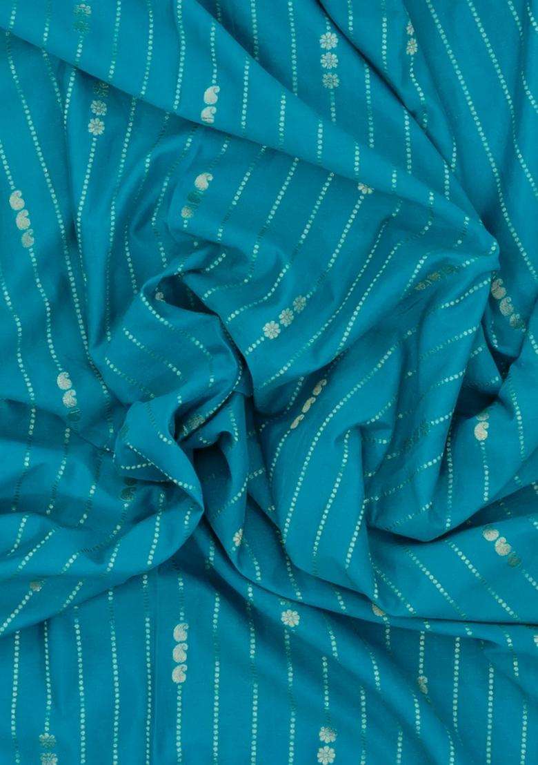 Cyan Woven Art Crepe Saree With Zari Stripes Contrast Border With Checks And Stripes Design For Women - Indya
