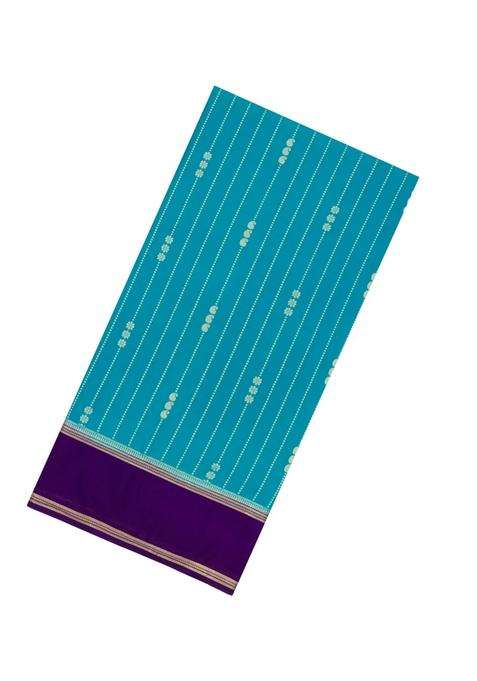 Cyan Woven Art Crepe Saree With Zari Stripes Contrast Border With Checks And Stripes Design For Women