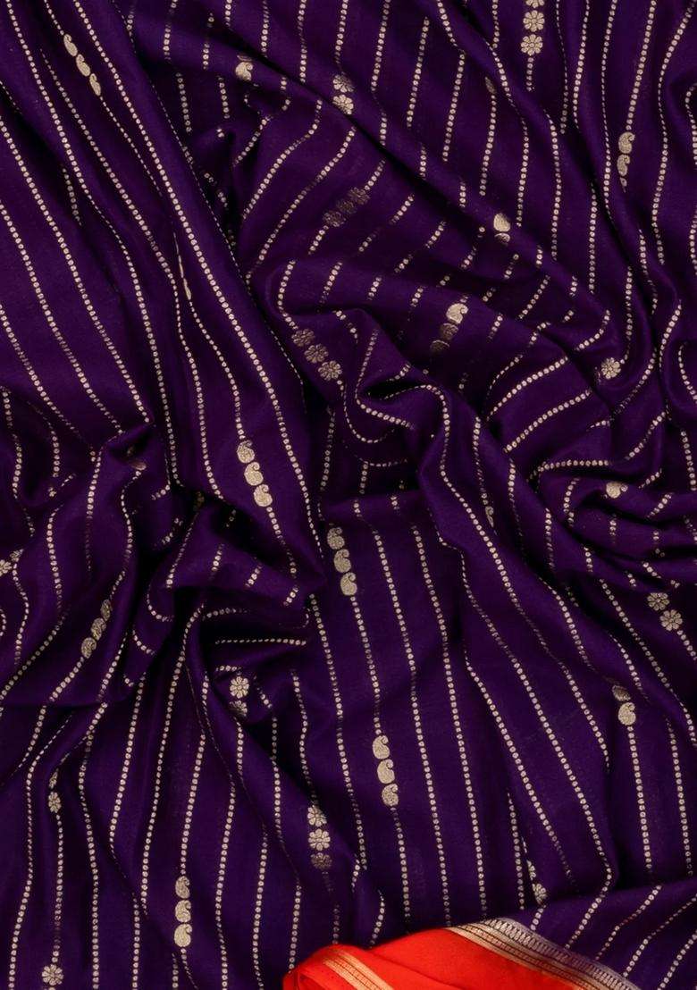 Violet Woven Art Crepe Saree With Zari Stripes Contrast Border With Checks And Stripes Design For Women - Indya