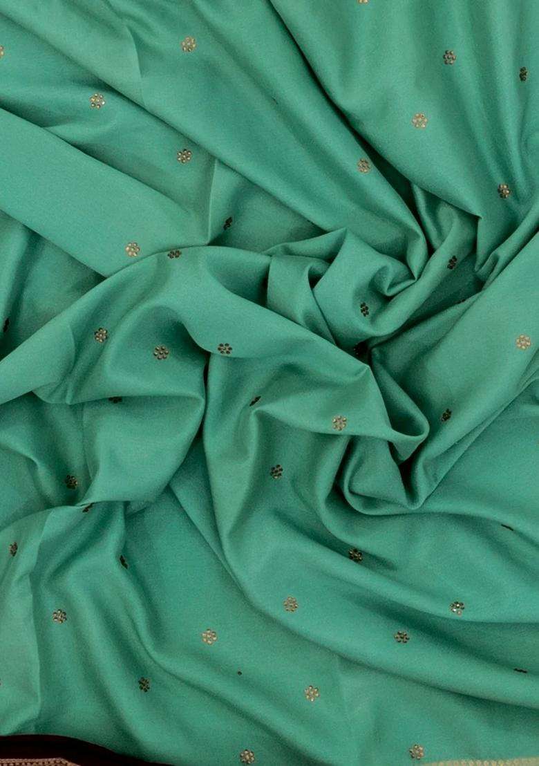 Aquamarine Woven Art Crepe Saree With Stone Work Contrast Border With Embroidered Design For Women - Indya