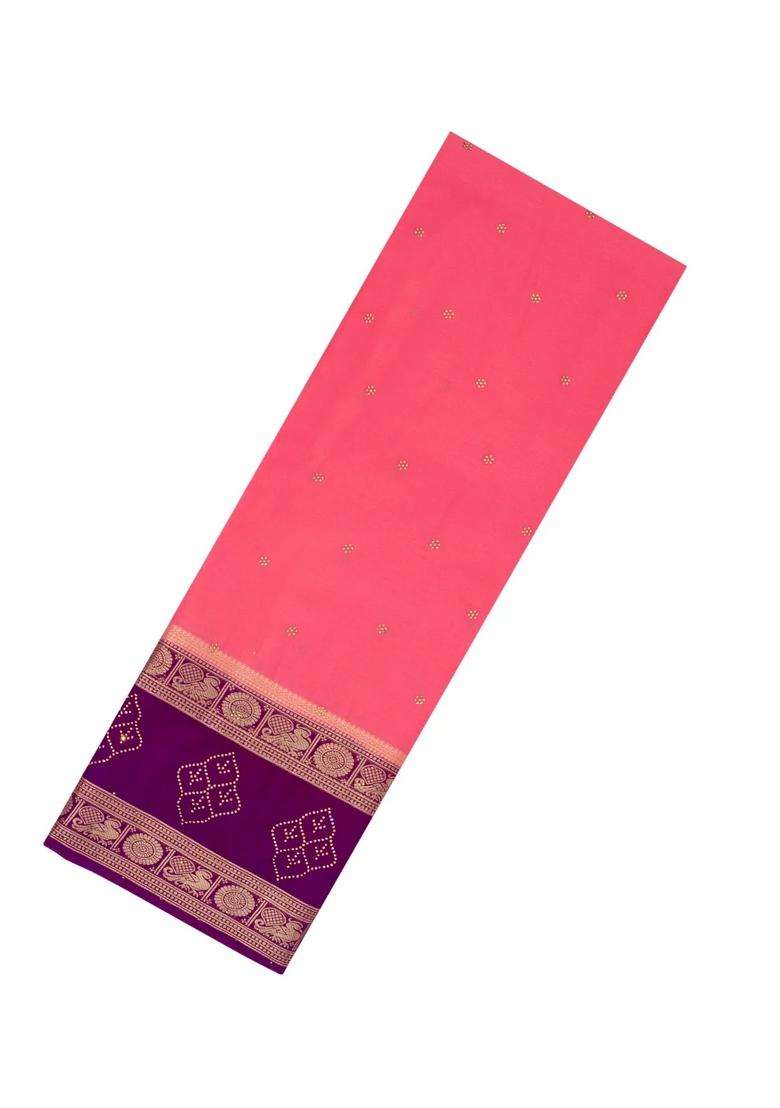 Peach Woven Art Crepe Saree With Stone Work Contrast Border With Embroidered Design For Women - Indya