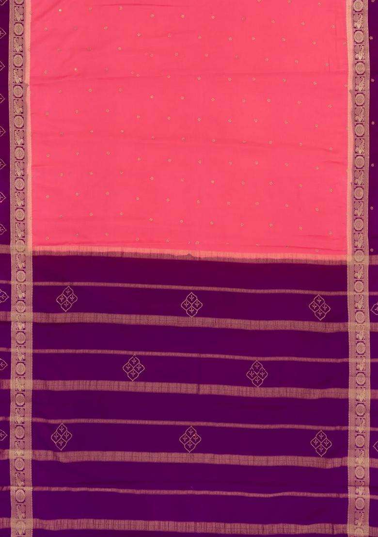 Peach Woven Art Crepe Saree With Stone Work Contrast Border With Embroidered Design For Women - Indya