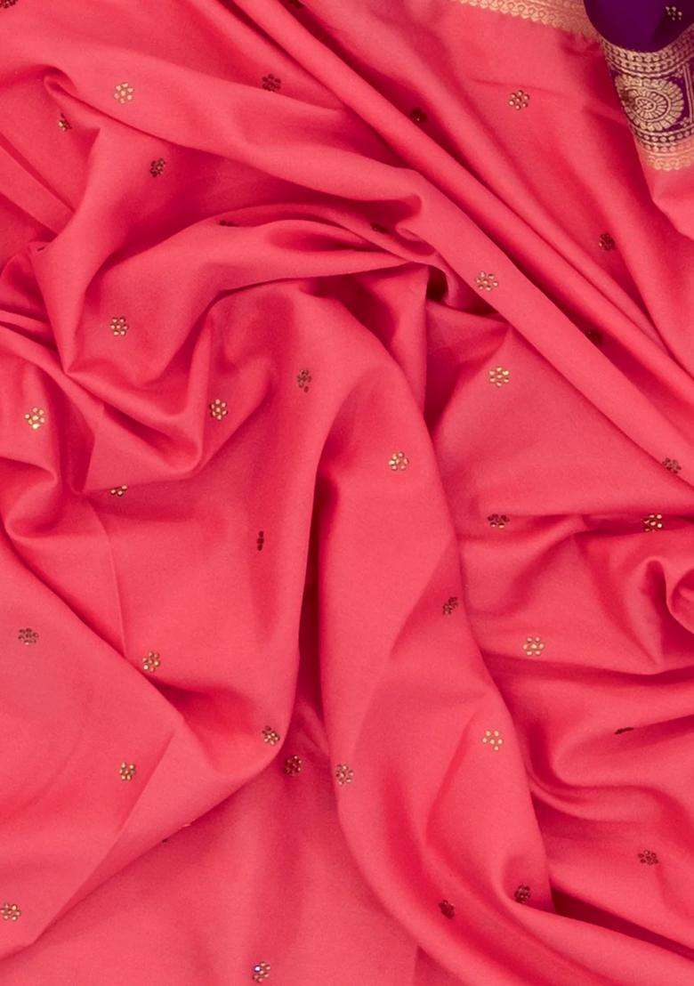 Peach Woven Art Crepe Saree With Stone Work Contrast Border With Embroidered Design For Women - Indya