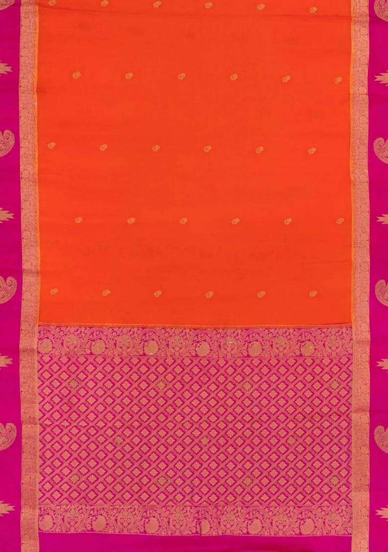 Orange Woven Art Crepe Saree With Stone Work In Contrast Border With Embroidered Design For Women - Indya