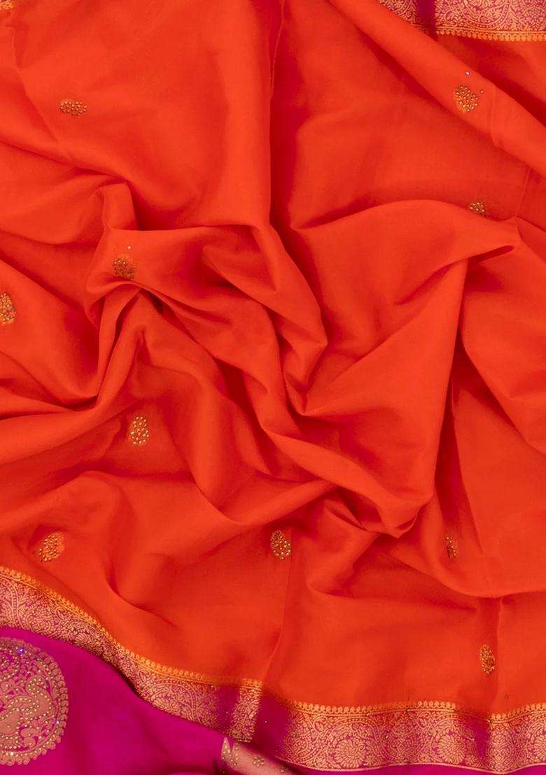 Orange Woven Art Crepe Saree With Stone Work In Contrast Border With Embroidered Design For Women - Indya