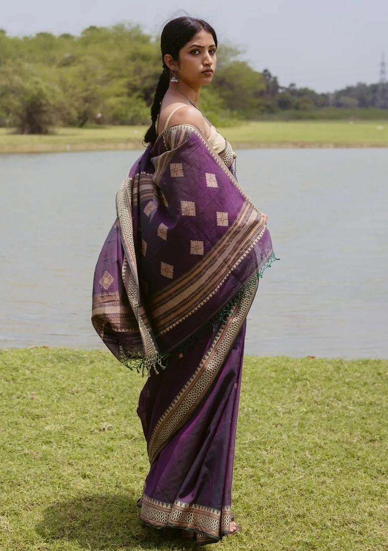 Burgundy Woven Bengal Cotton Saree With Buttas With Buttas And Brocade Design For Women - Indya